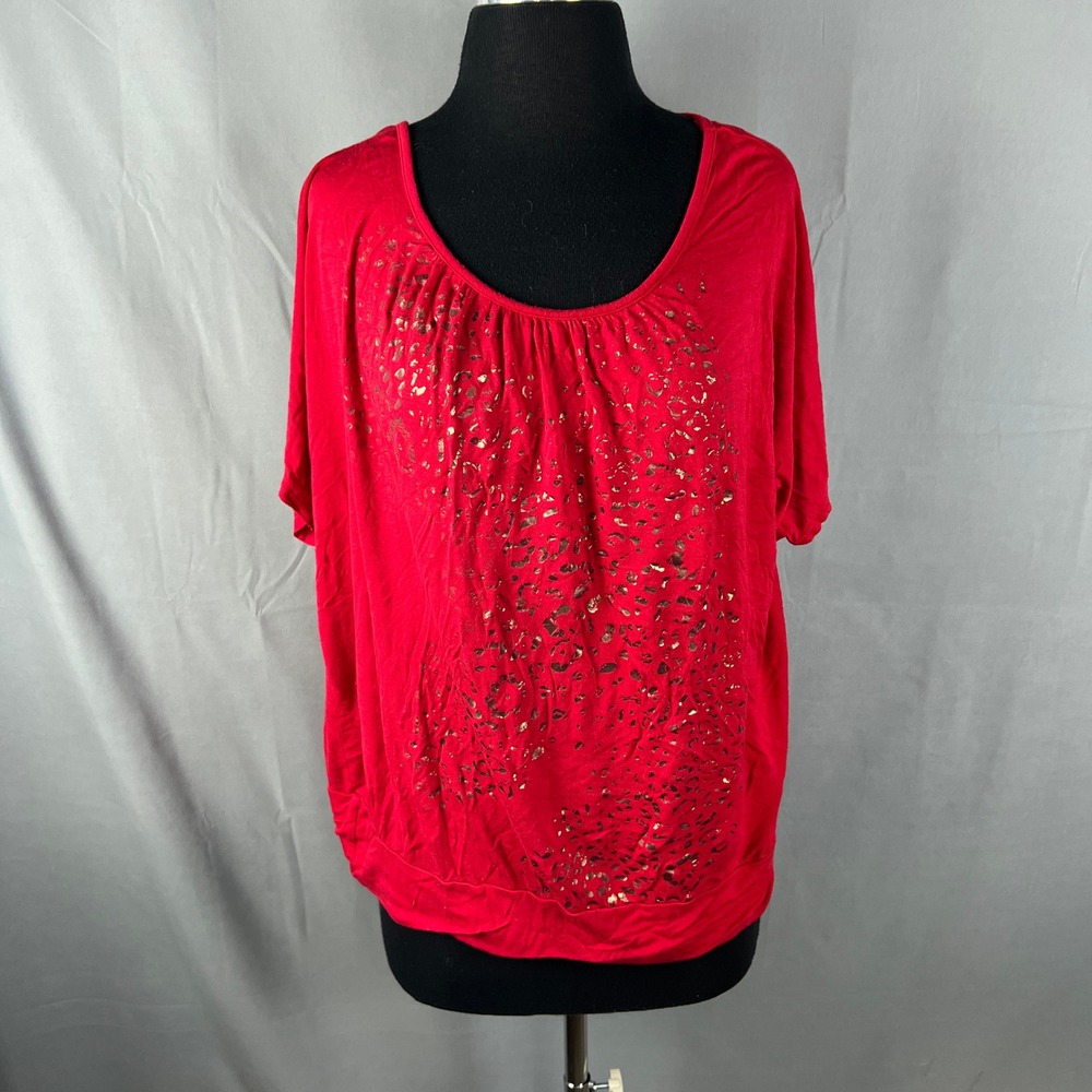 Vintage I.N. Studio Blouse Womens 1X Red Abstract Stretch Pleated Round Neck